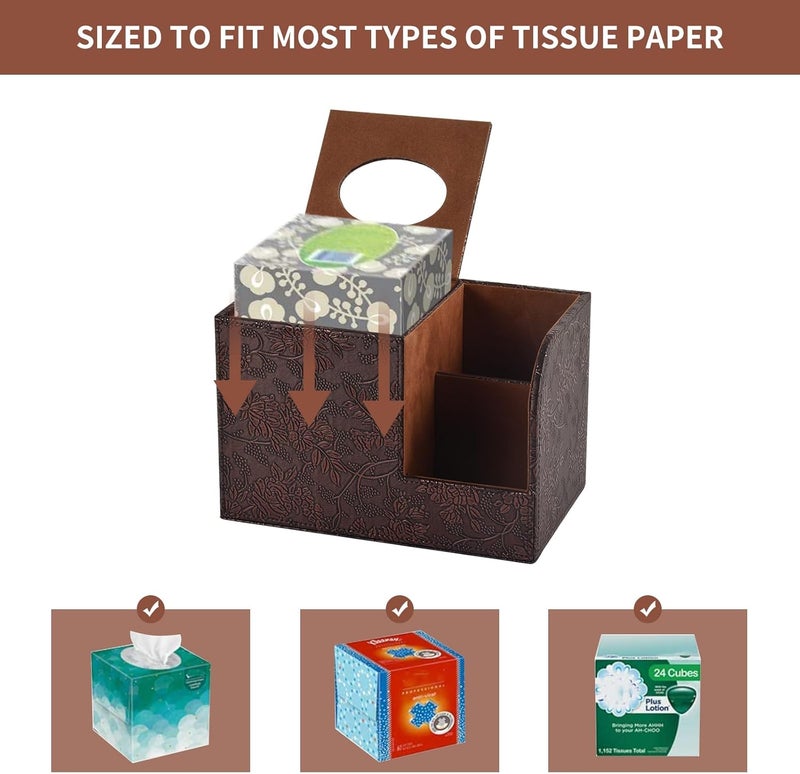 XNONE PU Leather Tissue Box Cover Square Tissue Holder Tissues Box Organizer with 2 Compartment,Remote Control Holder,Multifunctional Decorative Tissue Box Covers Cube,Home Office Desktop Storage Box,Retro - Image 4